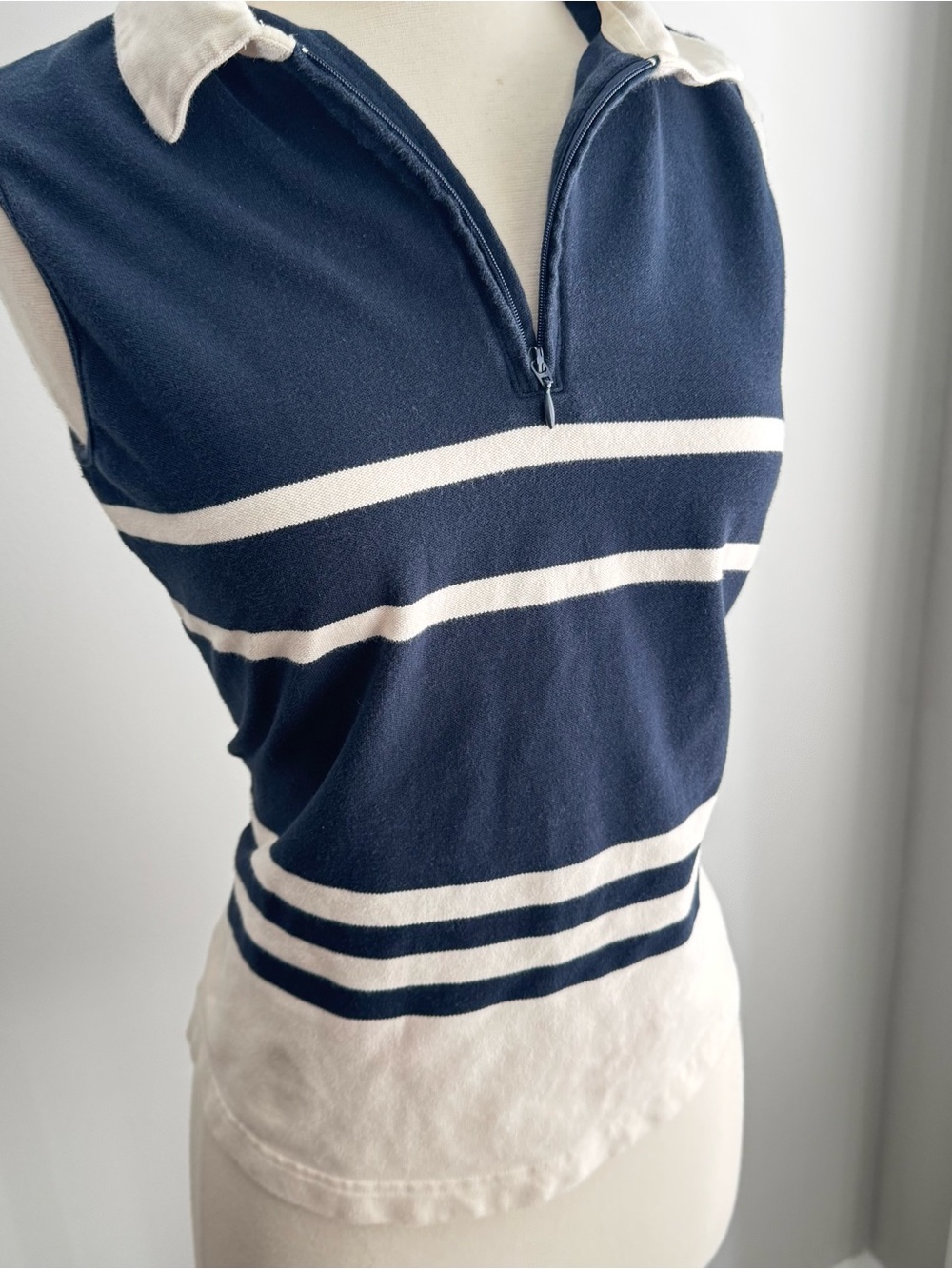 Sleeveless Navy Polo Tank with White Stripes and Collar